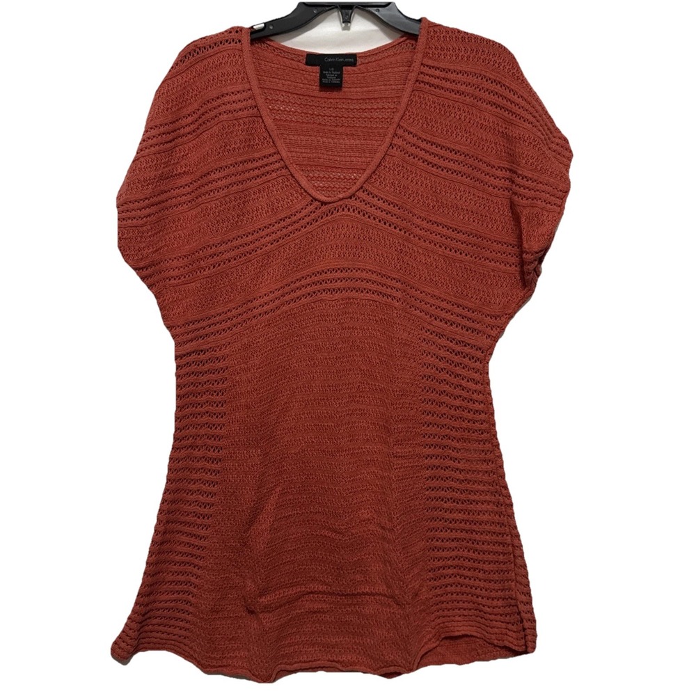 Calvin Klein Women Large Crochet Sweater Knit Burnt Orange Spice Coral‎ Blouse